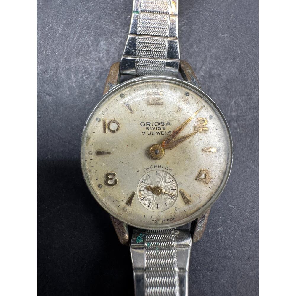 Vtg Oriosa Swiss 17 Jewels Incabloc Silver Tone Mechanical Watch Stretch Band